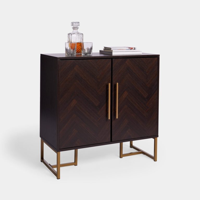 York dark wood sideboard, model 3000292, with parquet-patterned doors and gold-coloured metal detailing