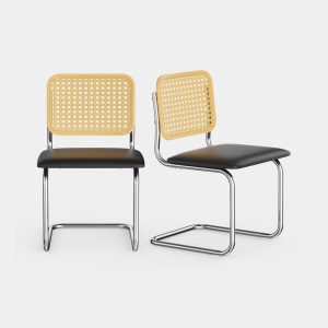 VonHaus Bridgewater dining chairs with black seats, natural-coloured woven backs and chrome-coloured frames; set of two