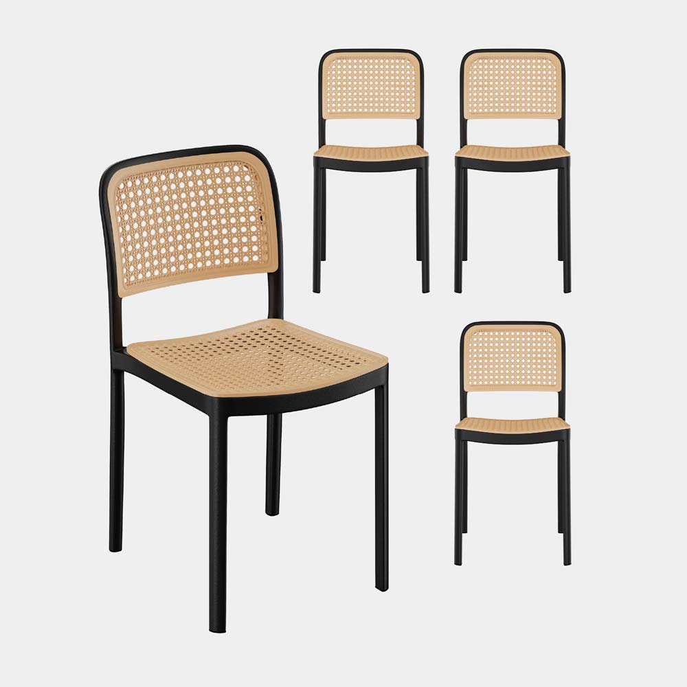 Set of four VonHaus Brewer black and natural-coloured rattan-effect plastic dining chairs