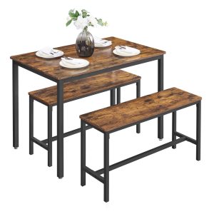VASAGLE rustic-brown dining table with two matching black-framed benches