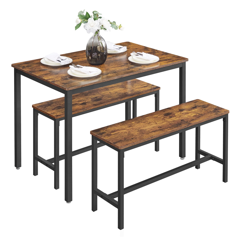 VASAGLE rustic-brown dining table with two matching black-framed benches
