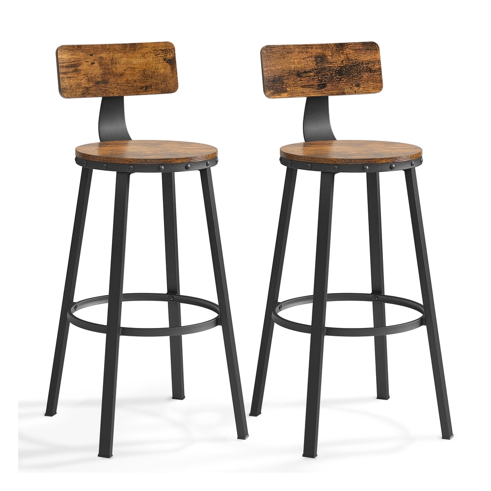 Pair of VASAGLE LBC026B01V1 rustic-brown and black industrial bar stools with backrests and footrests