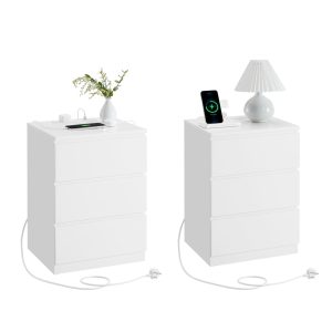 Pair of VASAGLE Kailyn cloud-white bedside tables with drawers and integrated charging station
