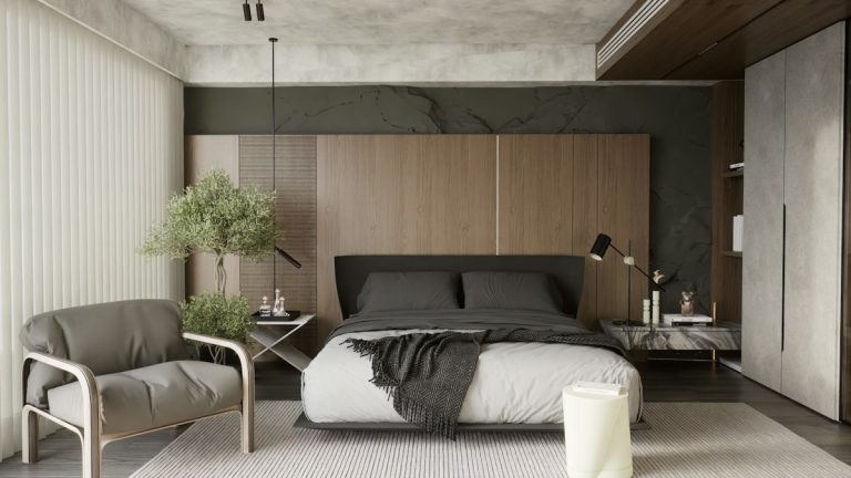 Bedroom with a coordinated bed and bedside storage; editorial room inspiration