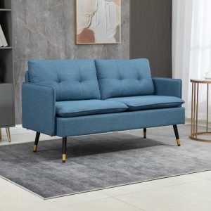 HOMCOM 839-622V70DB dark-blue two-seater sofa with button-tufted back cushions and black steel legs