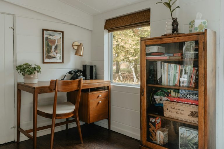 Compact home-office nook with a desk and chair; editorial layout inspiration