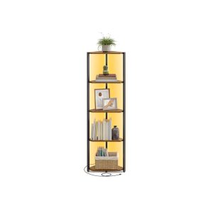 VASAGLE LBC590K02 rustic-brown five-tier corner shelf with dark metal frame and integrated LED lighting