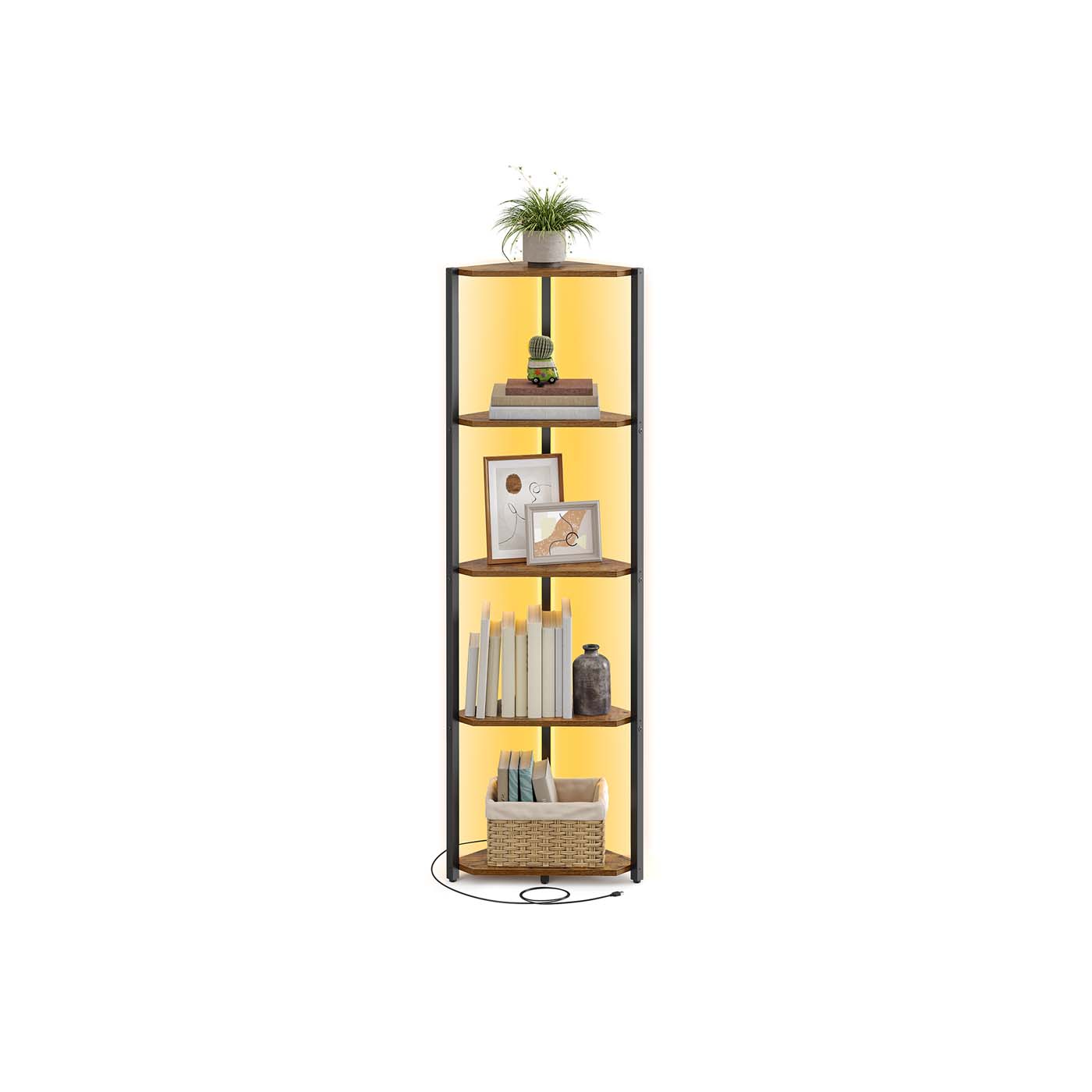 VASAGLE LBC590K02 rustic-brown five-tier corner shelf with dark metal frame and integrated LED lighting