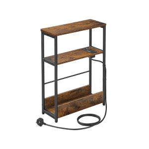 VASAGLE LET335K03 narrow rustic-brown and black three-tier side table with charging station and magazine rack