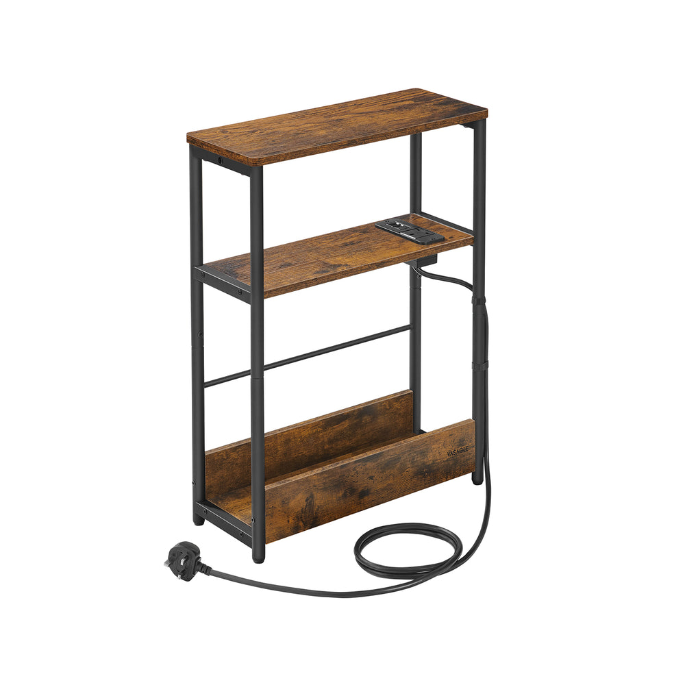 VASAGLE LET335K03 narrow rustic-brown and black three-tier side table with charging station and magazine rack