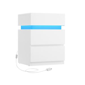 VASAGLE Bedside Table with LED Lights & 3 Drawers — Cloud White