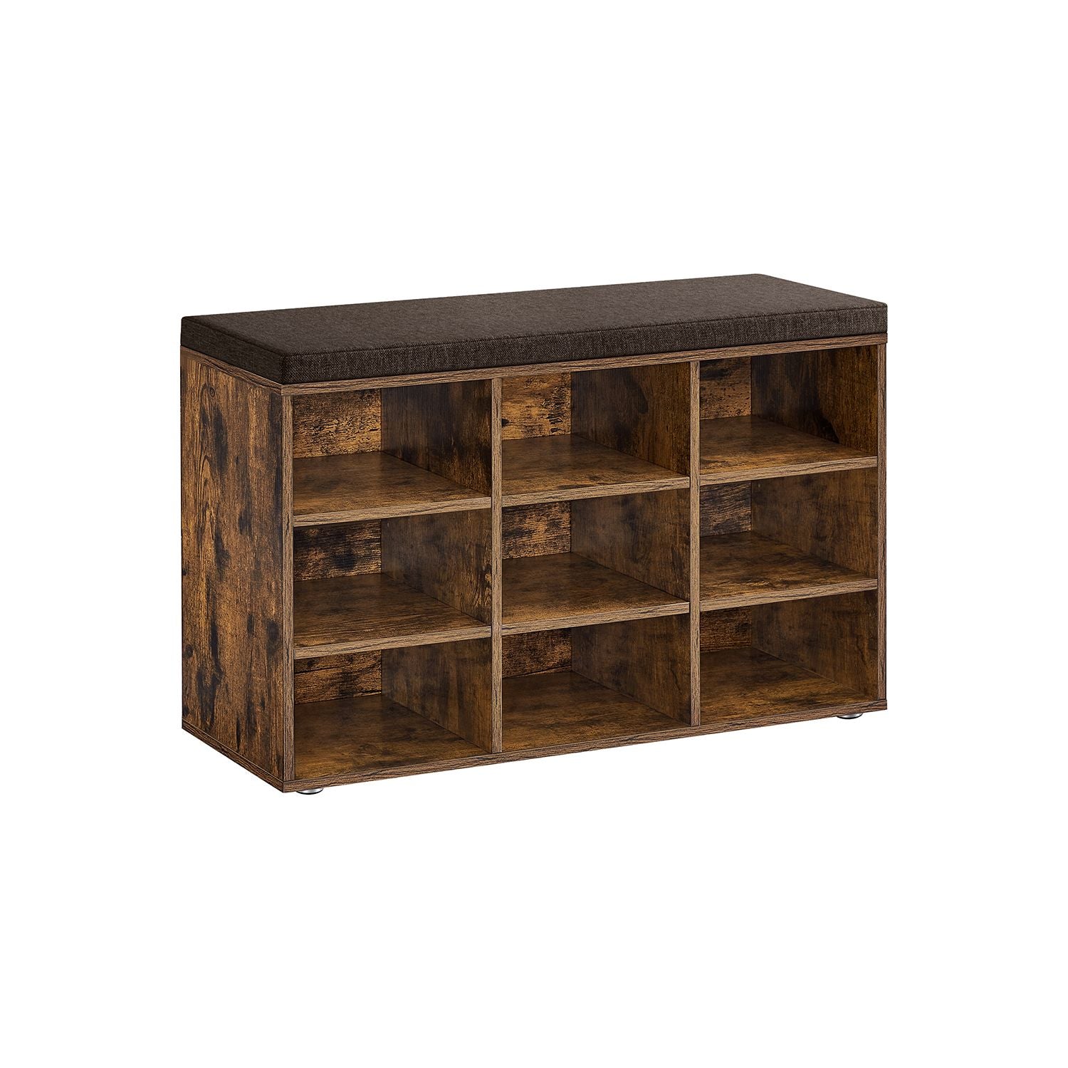 VASAGLE LHS009B01 rustic-brown shoe storage bench with padded seat and nine compartments