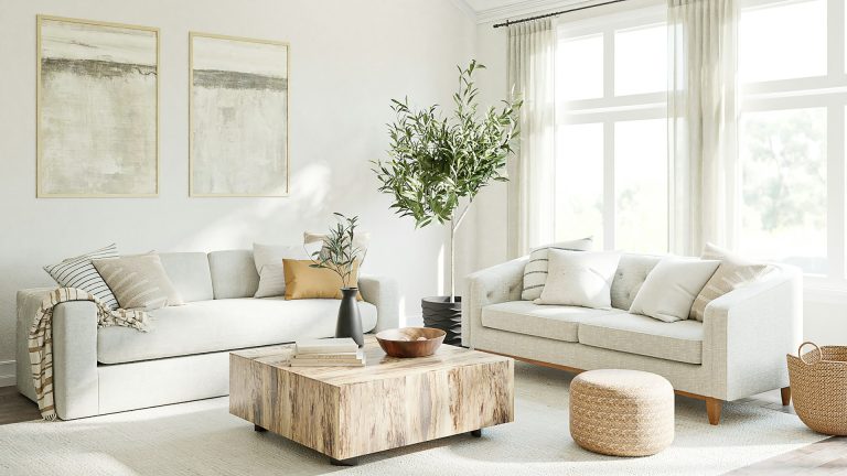Bright living room with neutral seating and warm wooden furniture; editorial room inspiration, not a product photograph