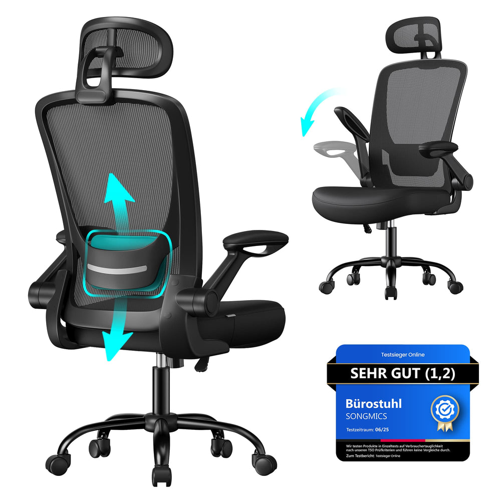 SONGMICS OBN047B01 ink-black mesh office chair with adjustable headrest, lumbar support and flip-up armrests