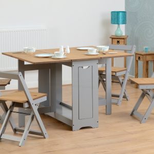 Seconique Santos grey slate and distressed waxed pine butterfly dining table with four folding chairs