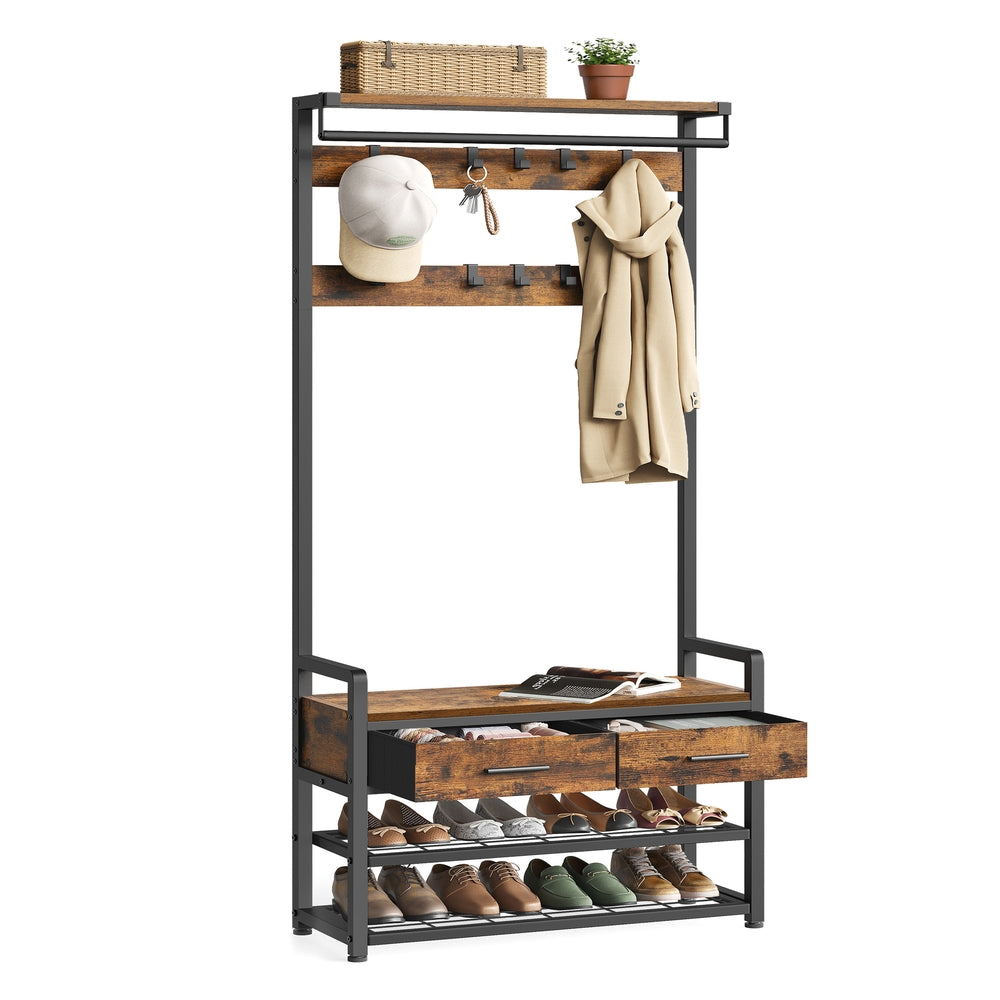 VASAGLE Coat Rack with Shoe Bench — Vintage Brown & Black