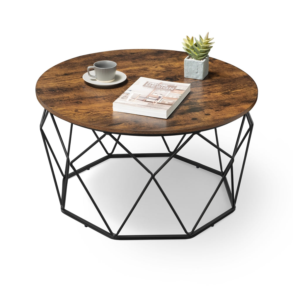 VASAGLE Round Cage Coffee Table — Rustic Brown & Black, 80 cm