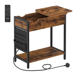 VASAGLE LET309B01 rustic-brown and black slim side table with charging station and fabric storage pockets