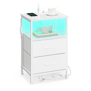 SONGMICS Bellah LGS302WH02 cloud-white bedside table with two drawers, open shelf and integrated charging station