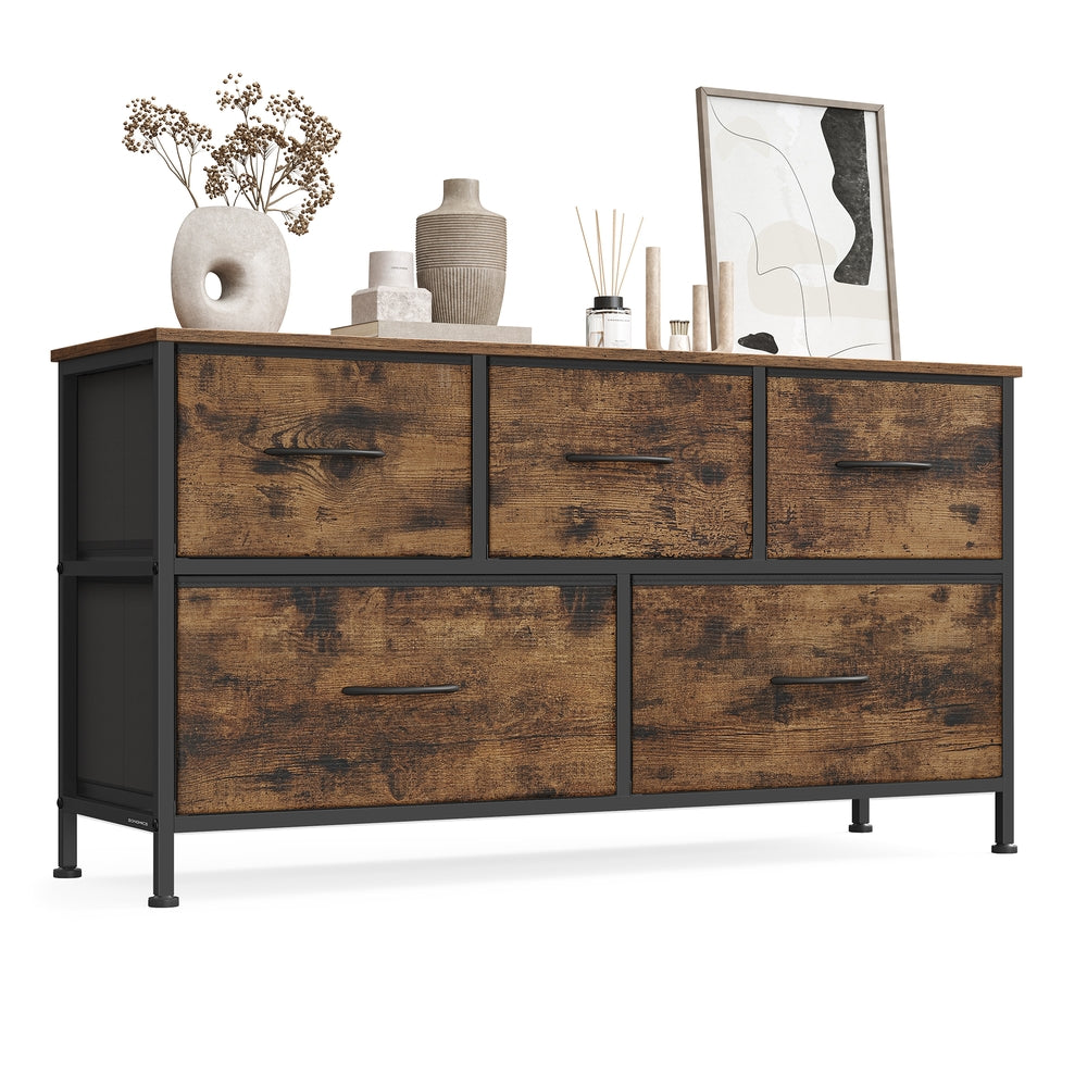 SONGMICS 5-Drawer Fabric Chest — Rustic Brown & Ink Black