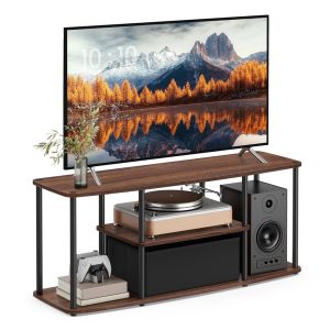 SONGMICS HOME LTV500K01 natural-walnut-effect and ink-black TV stand with open shelves; television and accessories are not included
