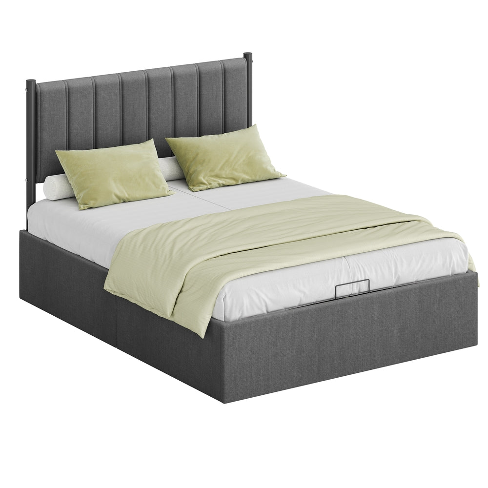 Slate-grey double ottoman bed with lift-up mattress platform