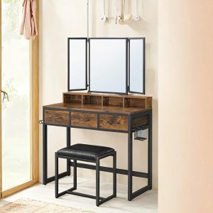 VASAGLE Tri-Fold Mirror Dressing Table & Stool — Rustic Brown & Black