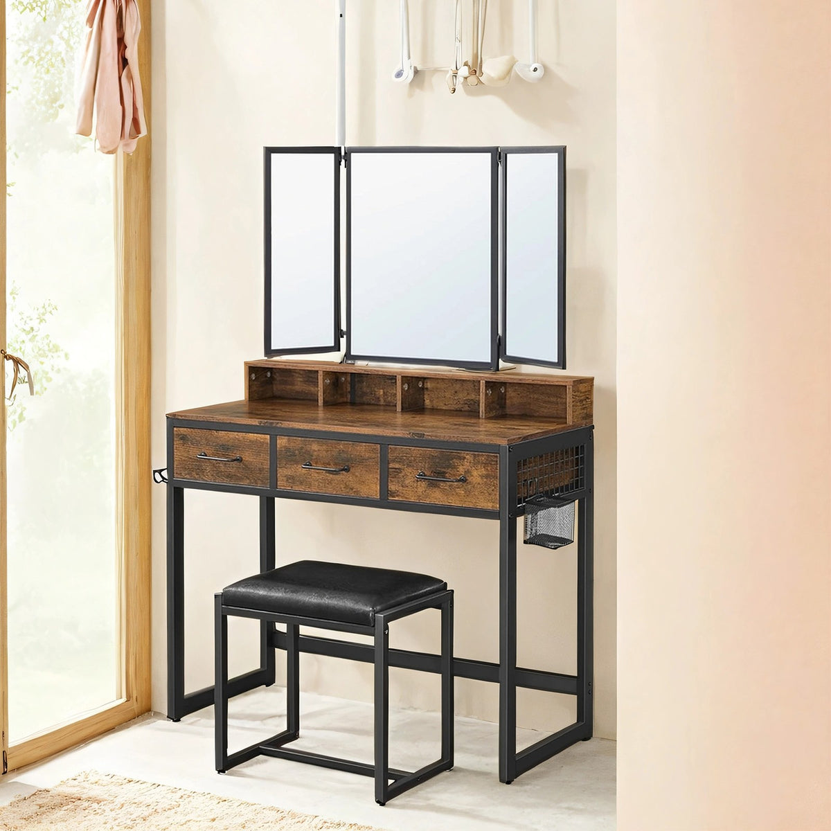 VASAGLE Tri-Fold Mirror Dressing Table & Stool — Rustic Brown & Black