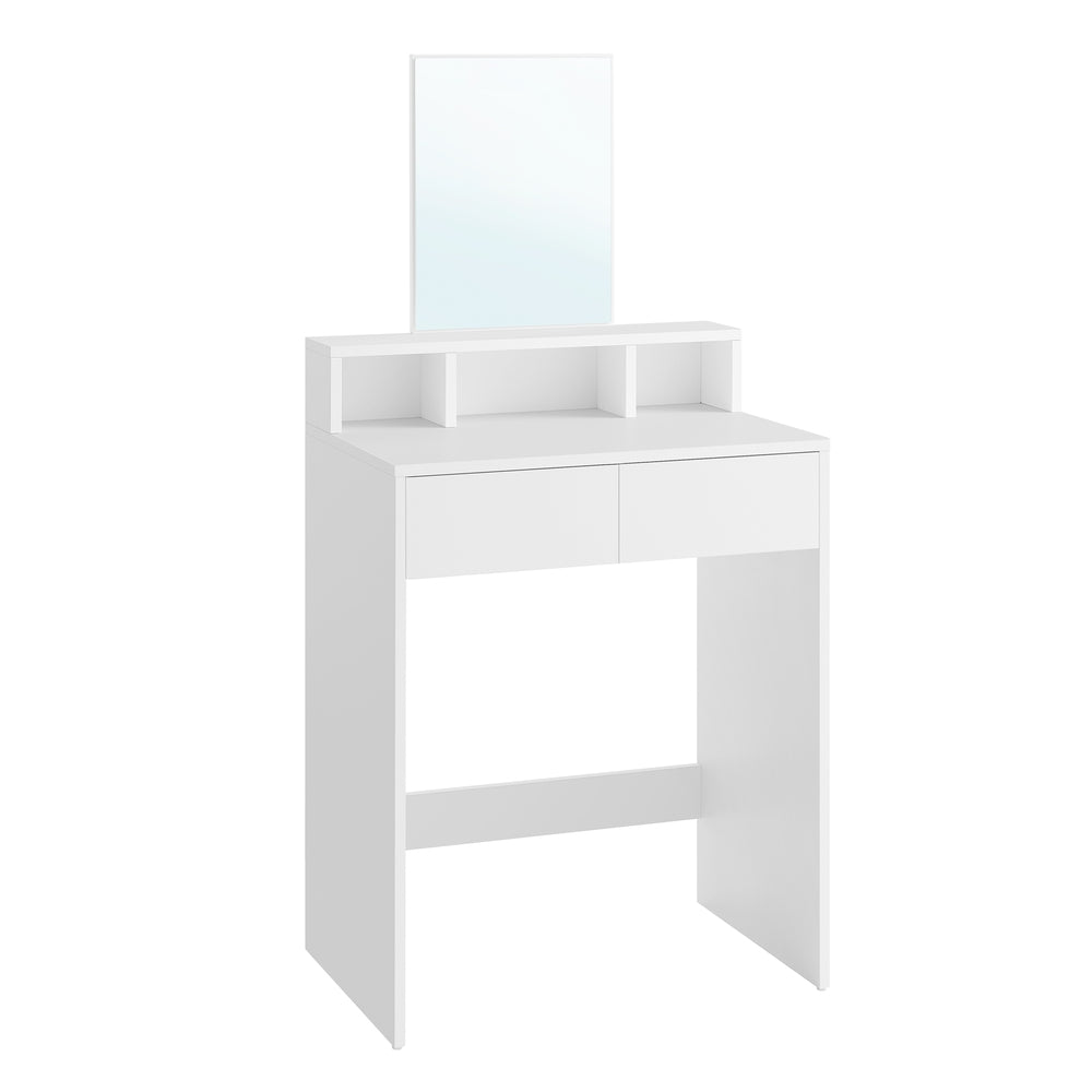 Compact white dressing table with mirror and storage