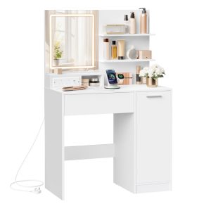 VASAGLE Dressing Table with LED Mirror & Adjustable Shelves — White