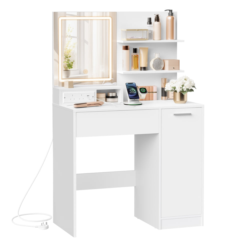 VASAGLE Dressing Table with LED Mirror & Adjustable Shelves — White