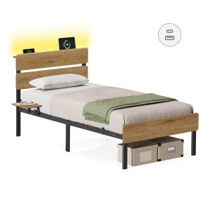 VASAGLE Metal Bed Frame with LED Lights, USB Ports & Under-Bed Storage