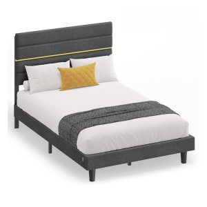 VASAGLE Small Double Bed Frame with Upholstered Headboard — Slate Grey