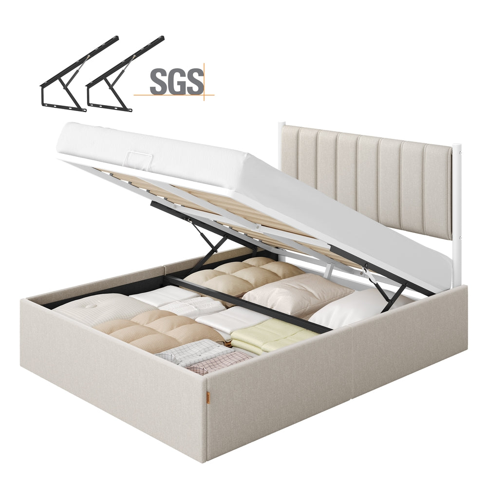 VASAGLE Double Lift-Up Storage Bed — Cappuccino Beige