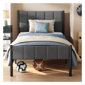 VASAGLE RMB971G02 single metal bed frame with slate-grey upholstered headboard