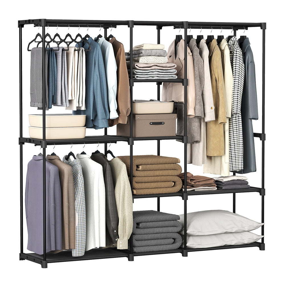 SONGMICS RYG037B02 ink-black open wardrobe with two hanging rails and fabric shelves