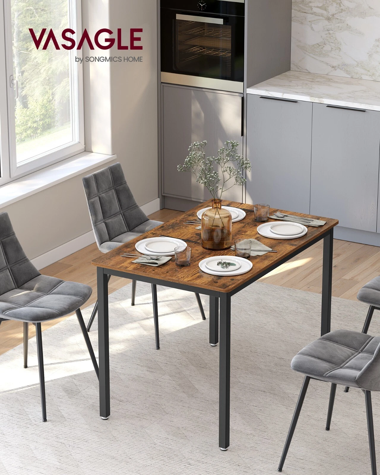 VASAGLE KDT081B01 rustic-brown rectangular dining table with black steel frame
