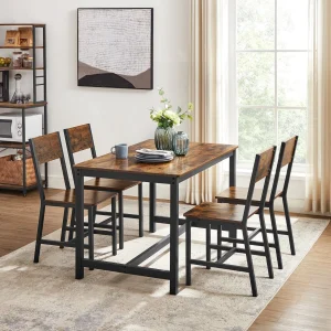 Pair of VASAGLE LDC092B01V1 rustic-brown and black industrial dining chairs with steel frames