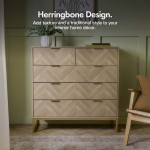 VonHaus Ducie 5-drawer chest with light wood-effect herringbone fronts and champagne-gold metal legs and handles