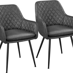 Pair of Yaheetech grey velvet dining armchairs with diamond-stitched backs and black metal legs