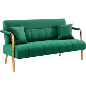 Yaheetech light-grey two-seater velvet sofa with gold-tone metal arms and legs