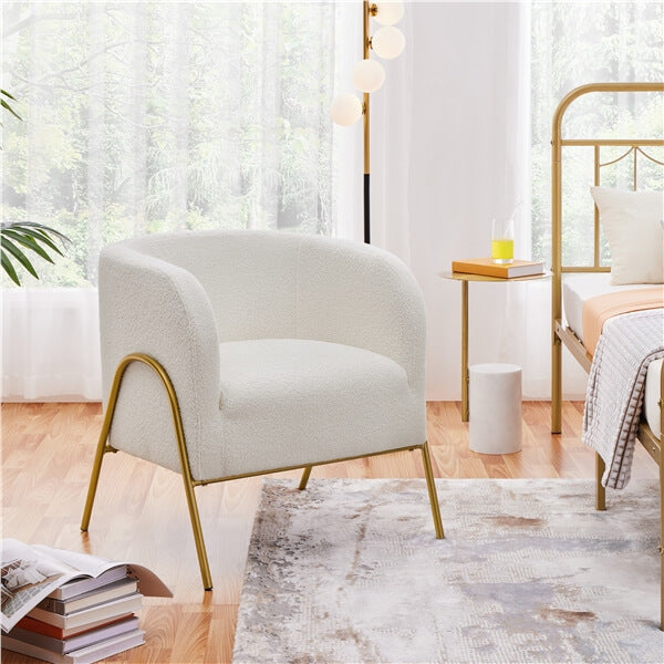 Yaheetech ivory boucle barrel armchair with gold-tone V-shaped metal legs