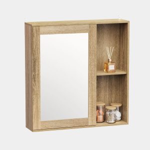 VonHaus Chester wall-mounted mirrored cabinet in oak effect with open side storage