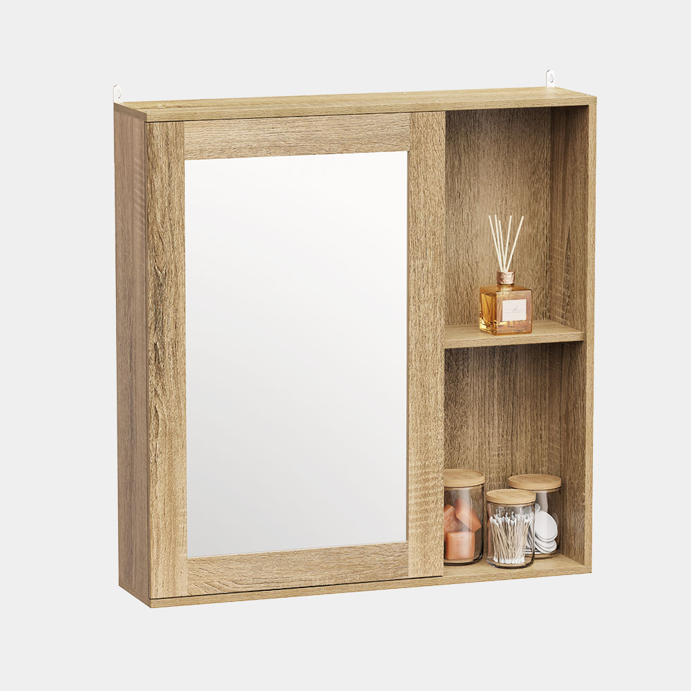 VonHaus Chester wall-mounted mirrored cabinet in oak effect with open side storage