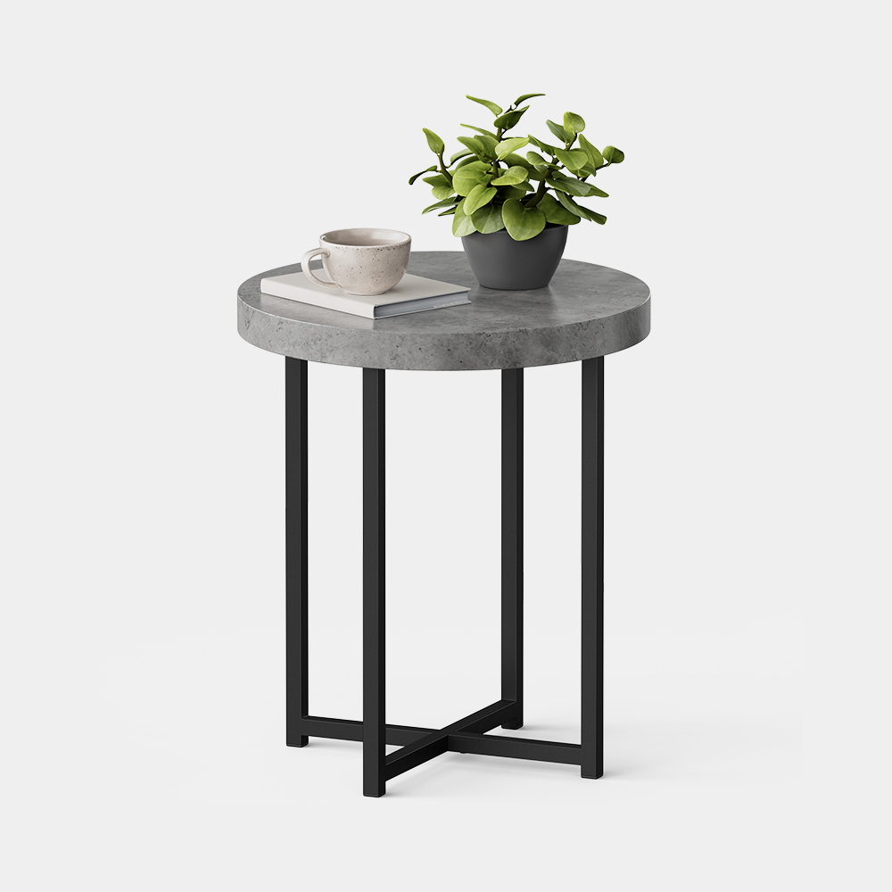 VonHaus Mosley 48 cm grey concrete-effect side table with black metal legs; decorative objects are not included