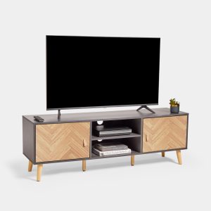 VonHaus Herringbone 150 cm grey and wood-effect TV unit with cupboards and open media shelves