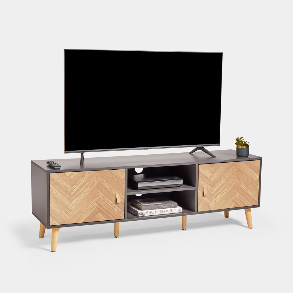 VonHaus Herringbone 150 cm grey and wood-effect TV unit with cupboards and open media shelves
