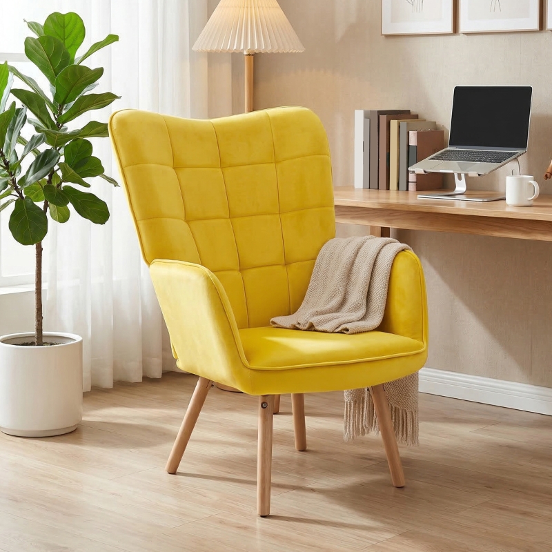 HOMCOM Velvet Wingback Accent Armchair — Yellow