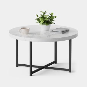 VonHaus Mosley 80 cm white and grey marble-effect coffee table with black metal legs; decorative objects are not included