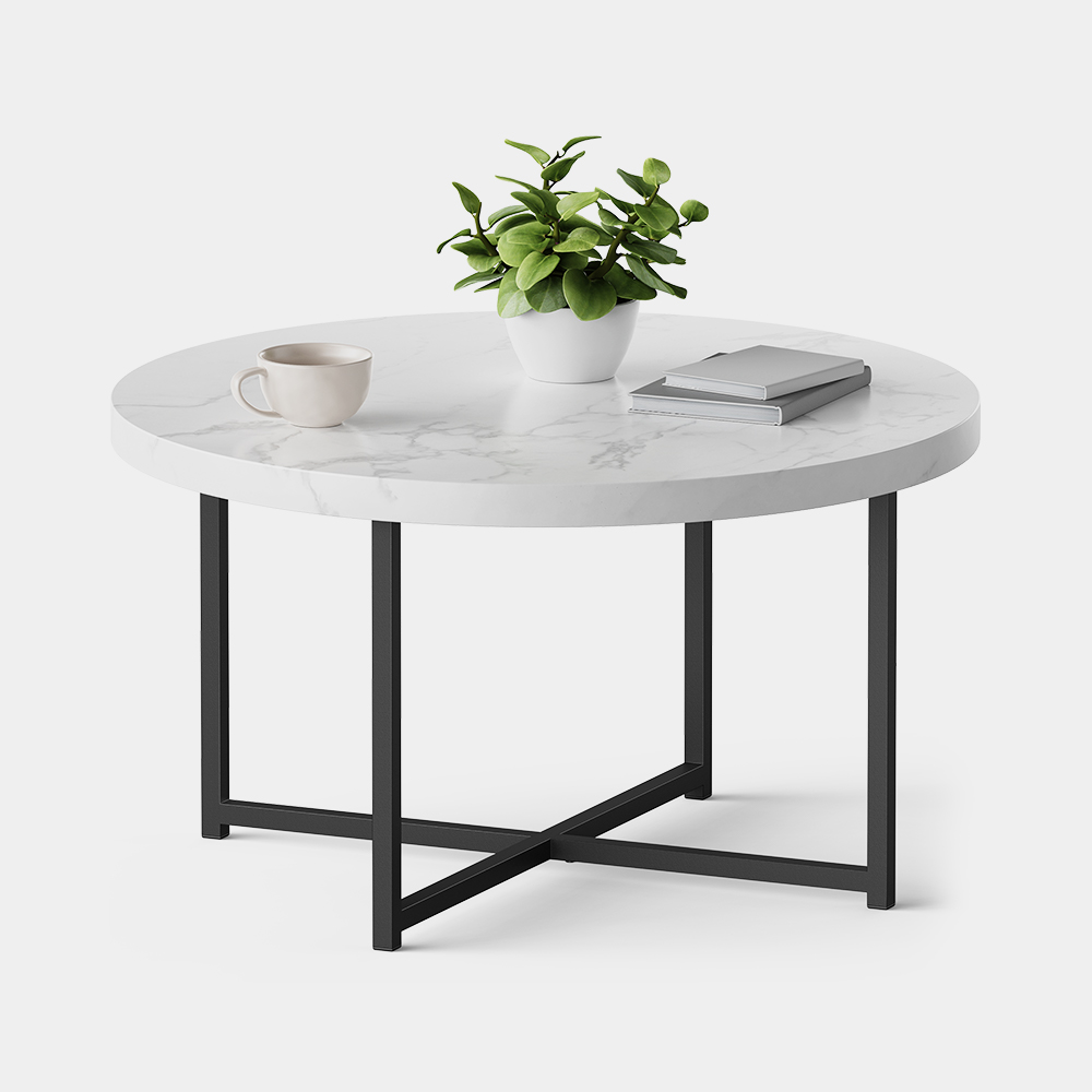 VonHaus Mosley 80 cm white and grey marble-effect coffee table with black metal legs; decorative objects are not included